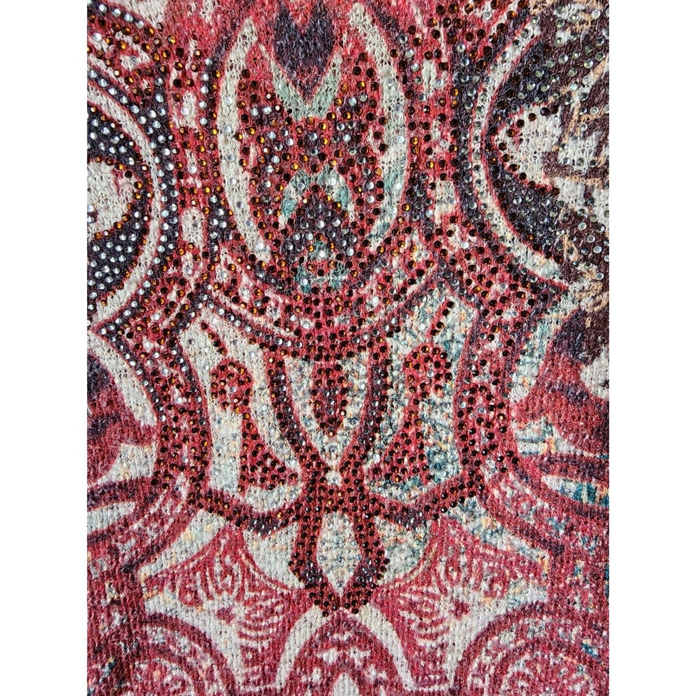 Reba Top Women XL Red Multi Paisley Rhinestone Asymmetrical Hem Long Sleeve - Picture 3 of 13